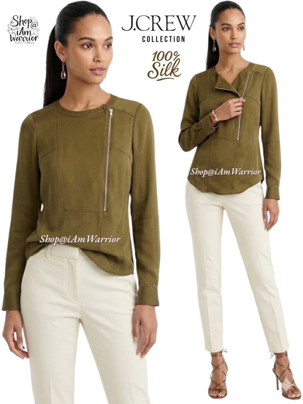 J.Crew Collection olive/brown luxe silk asymmetrical zip top *shop@iamwarrior